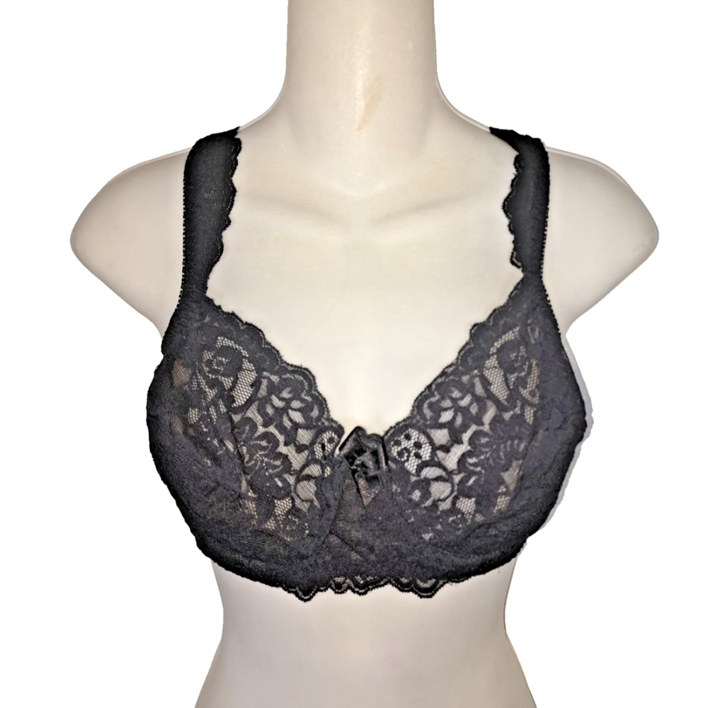 Claire's Rose Bra Size 36D Style 32022 Black Lace Unlined Underwire